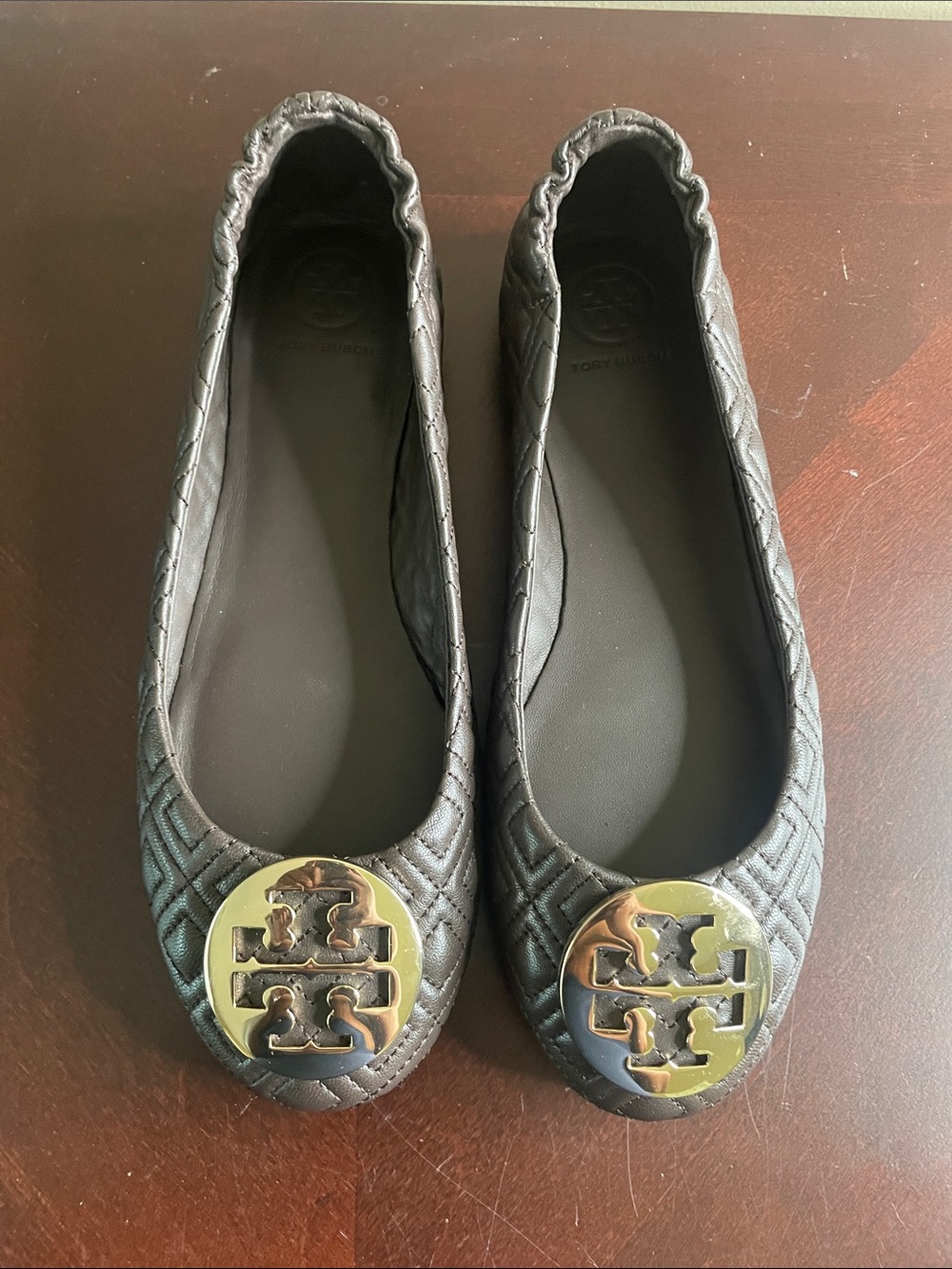 Tory Burch Quilted Chocolate Ballet Flats with Gold Logo Medallion
